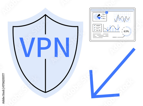 Shield labeled VPN highlights cybersecurity, next to data analytics dashboard and descending arrow. Ideal for privacy, cybersecurity, data monitoring, trends, analytics, protection, flat simple