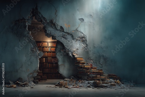A hidden library revealed behind a crumbling wall, illuminated by a soft, mysterious light.