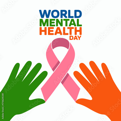 World Mental Health Day illustration with pink ribbon and colorful hands for awareness and support in a vibrant artistic design