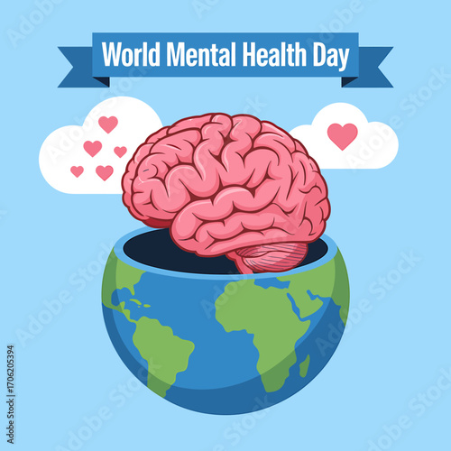Celebrating World Mental Health Day with Brain Illustration Resting on Earth Globe Representing Mental Well being