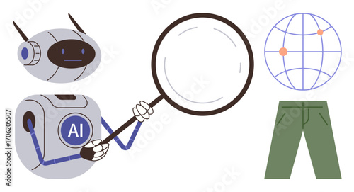 Robot labeled AI holding magnifying glass examining details, globe with points, and green pants icon. Ideal for technology, innovation, data analysis, AI, research, global trends and exploration