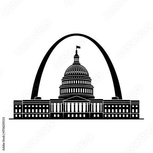 United States Capitol Building Silhouette Framed by the Gateway Arch Symbolizing American Politics and History