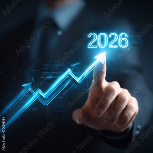 A hand pushing a button on a touch screen with a graph and growth arrow in the background