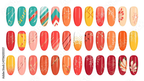 Assorted Oval Nail Designs with Geometric and Floral Motifs