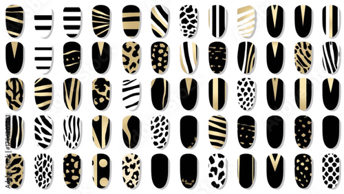 Bold gold and black patterned oval nail swatches nail polish