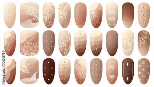 Neutral toned oval nail swatches with intricate white and metallic details