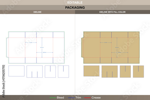Carton packaging dieline with six grid layout in custom dimensions, editable vector template for product boxes and branding including detailed die line structure