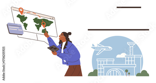 Woman using digital tools to mark destinations on a map, highlighting flight paths alongside an airport graphic. Ideal for travel, logistics, organization, mobility, tourism, planning, global