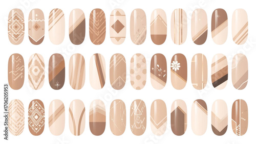Beige and Brown Nail Swatches with Geometric and Floral Designs
