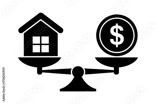 Home Value Assessment and Real Estate Investment Concept Depicting a House and Money on a Balancing Scale