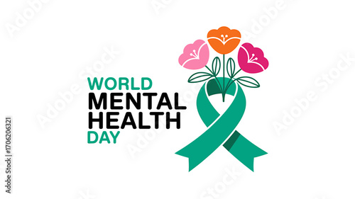 Celebrating World Mental Health Day with Flowers and Awareness Ribbon for Support and Wellbeing