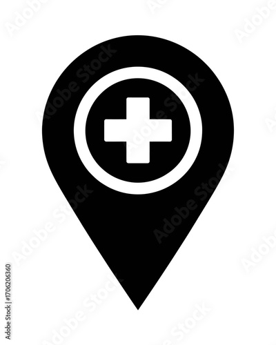 Black location pin with medical cross showing hospital and healthcare facility symbol and sign guidance and finding healthcare services available