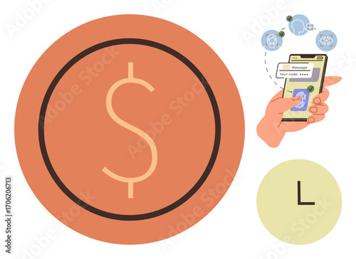 Hand holding smartphone with chat messages, currency icon implying digital payment, and clock symbol. Ideal for finance, secure messaging, e-commerce, technology, communication, online transactions