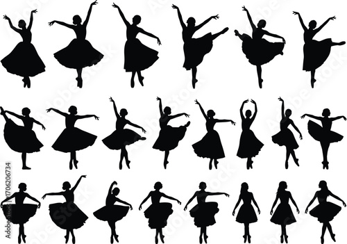 Ballet dancer silhouette illustration set, elegant ballerina poses collection, black and white dance artwork, graceful performance vector clipart for design projects