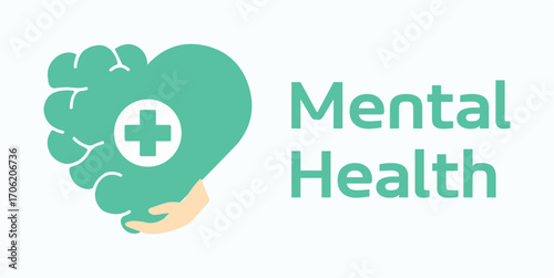 Mental health, care, heart, human, mind, brain, hand. Health, feeling, positive, emotion, behavior,  stress, balance, medicine, psychology. Set, icon, vector