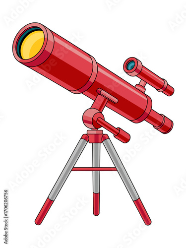 Red Telescope with Tripod Illustration for Astronomy Science and Space Exploration Enthusiasts Discovering Stars Planets and the Universe