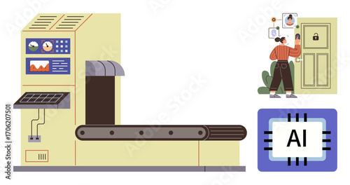 Large conveyor machine paired with an AI microchip, user unlocking a door using facial recognition. Ideal for automation, AI, safety, innovation, identity verification, industry, and technology