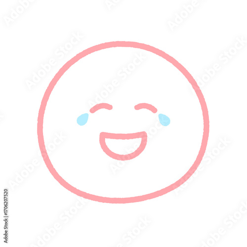 涙を流して笑っているニコニコ顔の手描きのピンク色の絵文字アイコン｜爆笑や大笑い、うれし泣きのイラスト