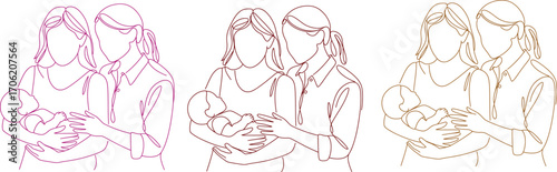 Loving couple tenderly holding their newborn baby, celebrating family.