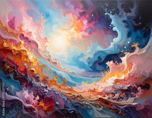 Abstract painting of swirling colors and light