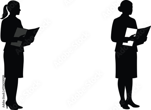Business Silhouettes Featuring Professional Women Holding Documents for Corporate, Leadership, and Workplace Diversity Design and Presentation Content