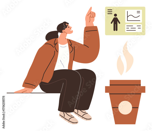 Woman engaged in thoughtful analysis, pointing at a data board with a chart, personal details, and coffee cup nearby. Ideal for work-life balance, creativity, insight, data analysis, learning focus