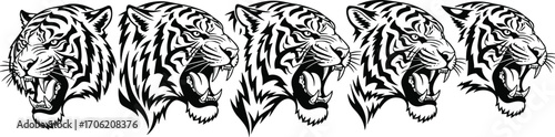 Roaring tiger head illustration set, fierce wild cat graphic, black and white tattoo design, jungle predator artwork, powerful animal clipart collection