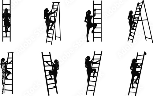 Business Silhouettes Featuring Professionals Climbing Ladders in Varied Poses for Ambition, Growth, and Motivational Corporate Design Content