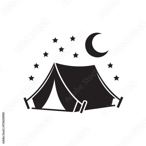 Silhouette of a camping tent under a crescent moon and stars, representing outdoor adventure and nighttime camping technology background