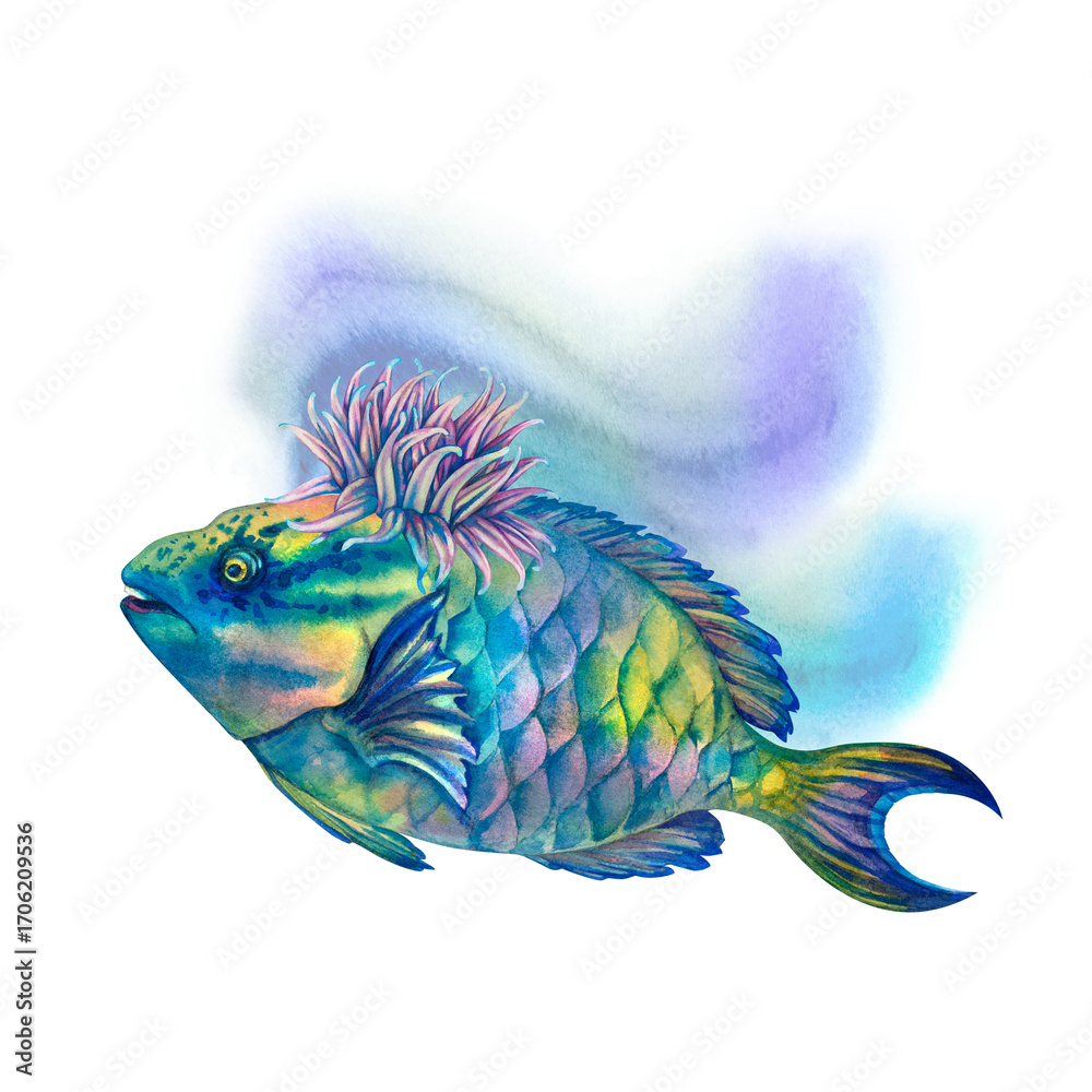 Fototapeta premium Neon tropical parrotfish with rainbow anemones. Underwater seascape in watercolor style. Template for design, cards, posters, children's books, stickers, scrapbooking, textiles, diving and snorkeling