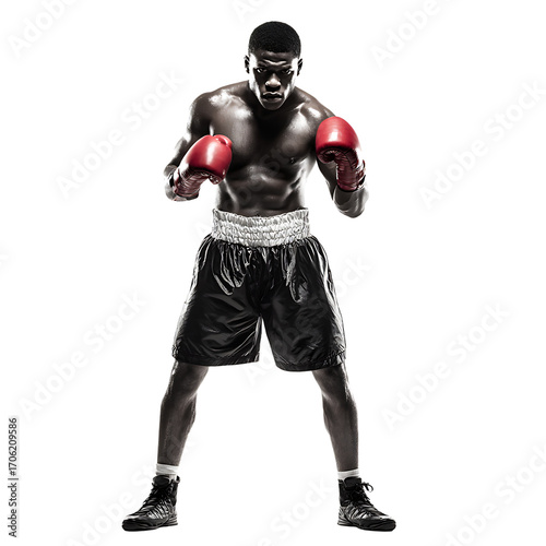 Focused boxer with red gloves showcasing strength and intensity against a transparent background Ready for action in the ring