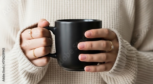 Hands holding a black coffee mug with cozy sweater