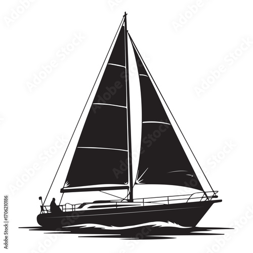 Silhouette of a sailboat with full sails on the water, isolated on white background technology background