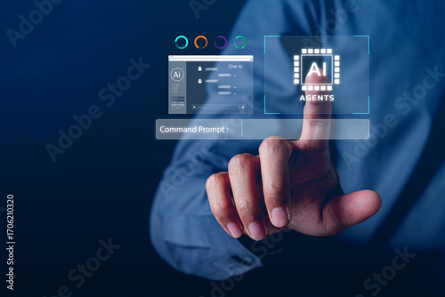 Hand Touching Digital Interface with AI Agents Command Prompt and Data Visualization for Technology and Innovation Concept