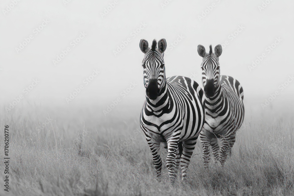 Obraz premium Two zebras stand in a field shrouded in a misty atmosphere, their black and white stripes stark against the muted tones of the landscape.