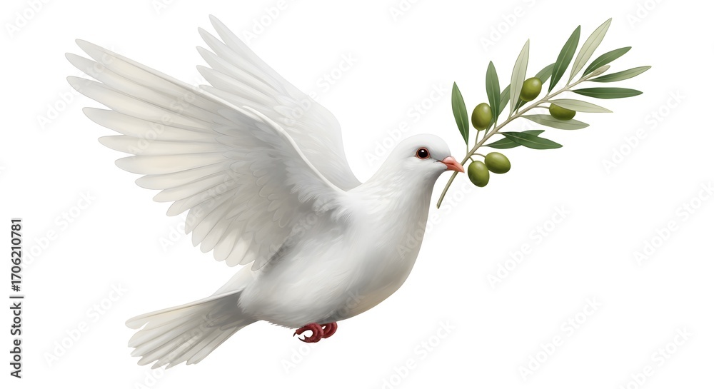 Fototapeta premium A white dove in flight carrying an olive branch, a symbol of peace and hope