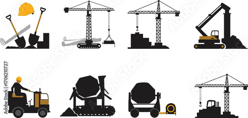 Construction Silhouettes Featuring Cranes, Excavators, Mixers, Forklifts, Hard Hats, and Tools for Building, Engineering, and Industrial Design Content
