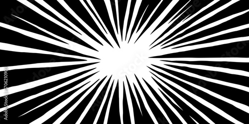 Comic speed effect background in black and white with dynamic radial anime motion lines. Comic speed effect for posters, stickers, manga covers, and digital designs