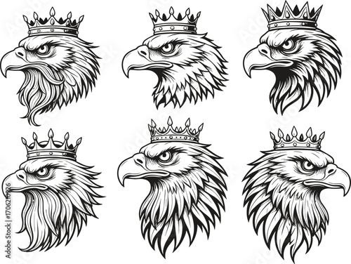Royal eagle head illustration set, majestic bird of prey with crown, vintage tattoo style, heraldic emblem, powerful animal graphic design
