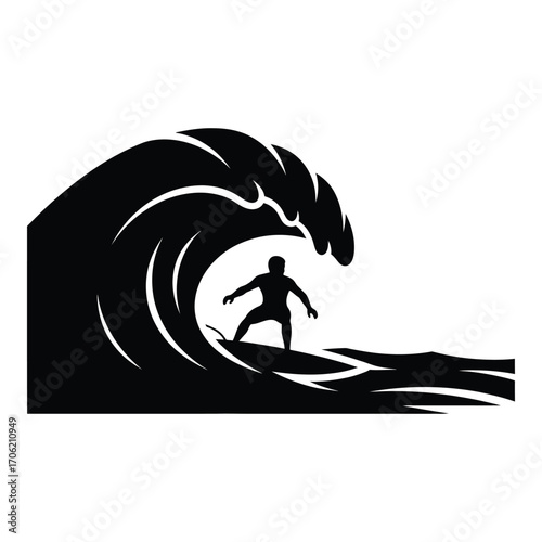 Silhouette of surfer riding a massive crashing wave dynamic ocean sport action silhouette