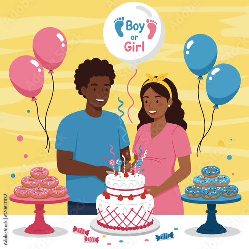 Vector illustration the parents are celebrating a gender reveal party with ballon, and cake