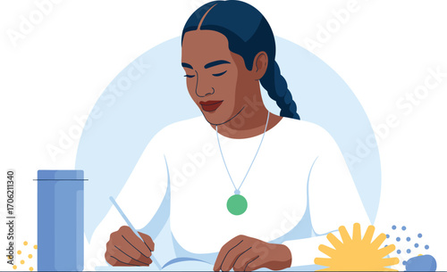 Focused young woman writing thoughtfully at a desk with a pen and notebook.
