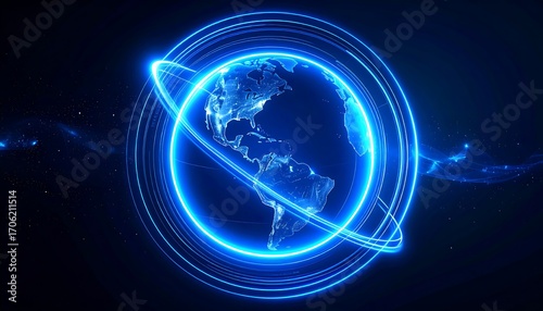 A glowing blue digital Earth is surrounded by concentric light rings and wisps against a dark cosmic backdrop
