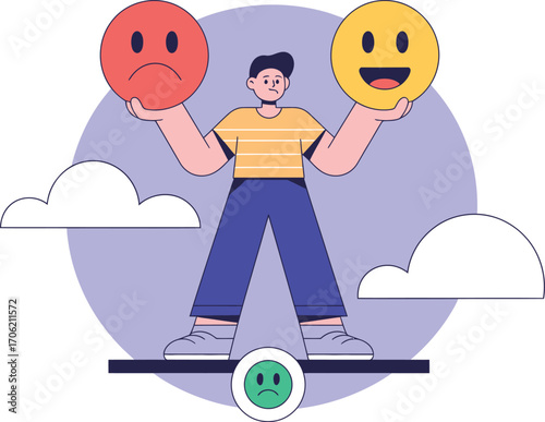 Man balancing positive and negative emotions on a scale, representing emotional choice.