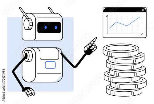 Robot pointing to a growth chart with stacked coins, representing analysis, financial technology, innovation, AI, automation, investment, progress. Ideal for fintech AI economy and simple flat
