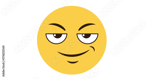 A smug, yellow emoticon with arched eyebrows and a subtle smirk conveys a feeling of self-satisfaction.
