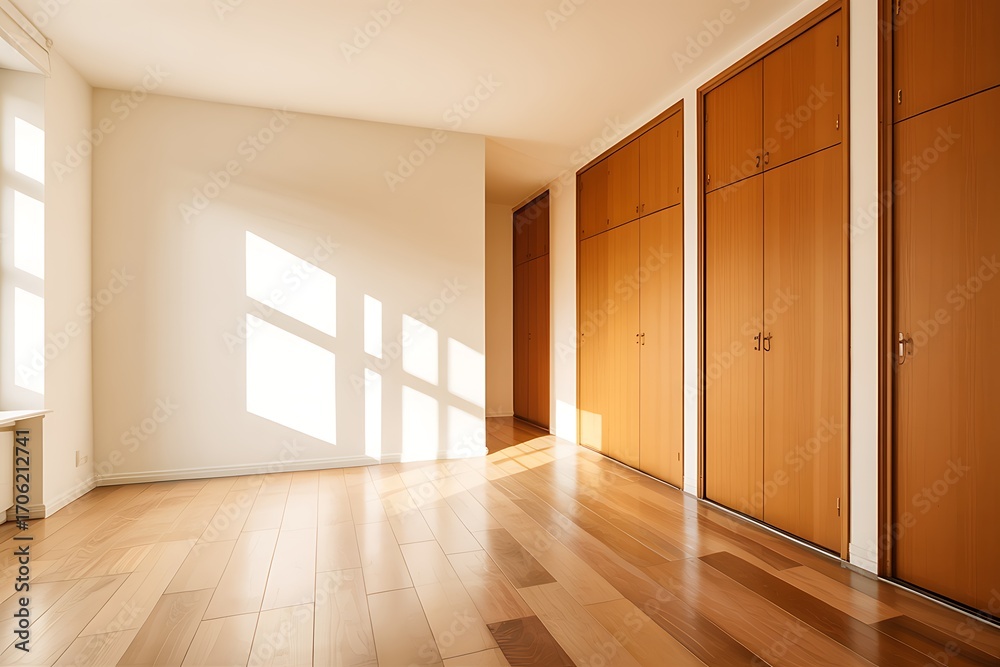 Obraz premium Sunlight streaming through windows onto a polished wooden floor in a modern hallway