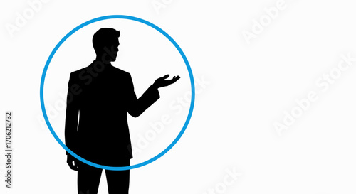 Silhouette of a man in a suit, gesturing within a blue circle, on a white background.