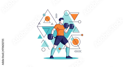 Illustration of a man lifting dumbbells, wearing sportswear, against a geometric background with triangles and circles.