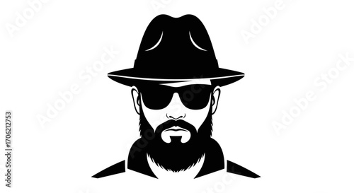 Vector illustration of a man wearing a fedora hat and sunglasses, with a beard and mustache, in a minimalist style.